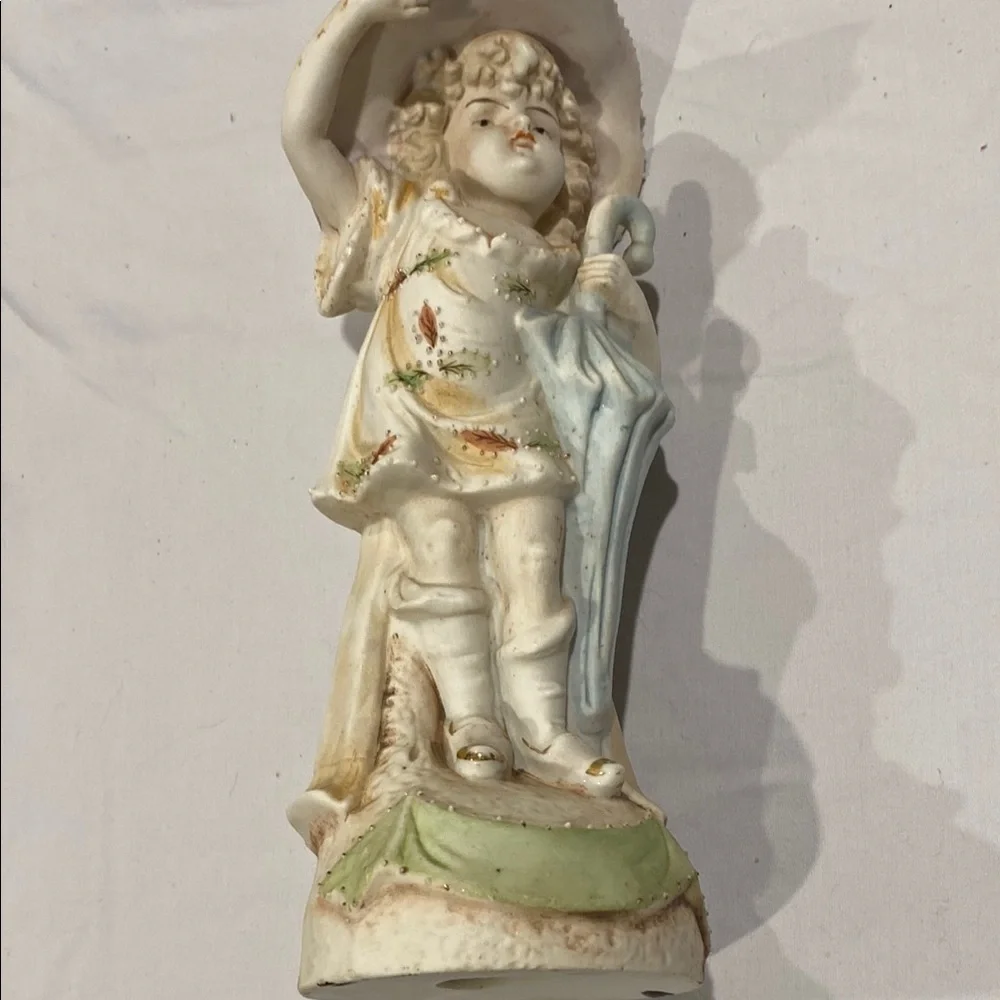 Vintage Bisque Porcelain Hand Painted Figurine with Umbrella 9” approx - Picture 5 of 15